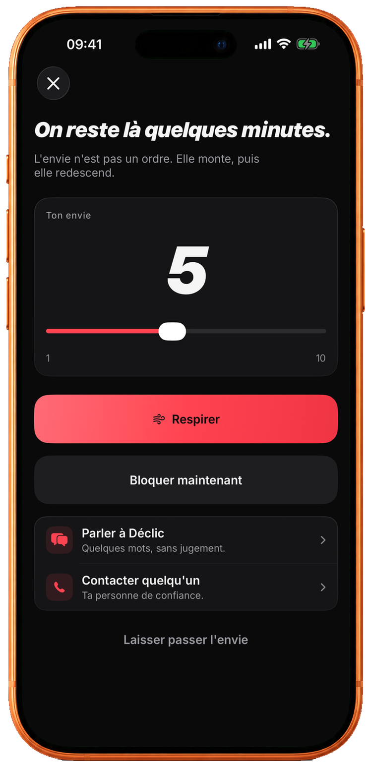 Écran envie de Déclic sur iPhone 17 Pro Max Cosmic Orange.